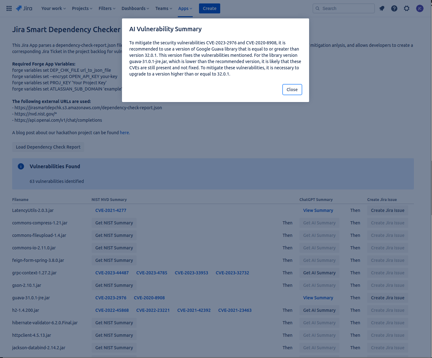 Screenshot of our Jira Smart Dependency Checker Application