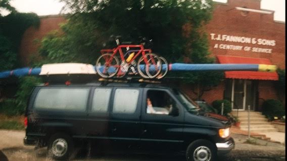 Tom Fannon and family headed North on vacation circa ‘94 with 5 kids,two bikes, and gear in a turtle top…and the Coffey 1x.